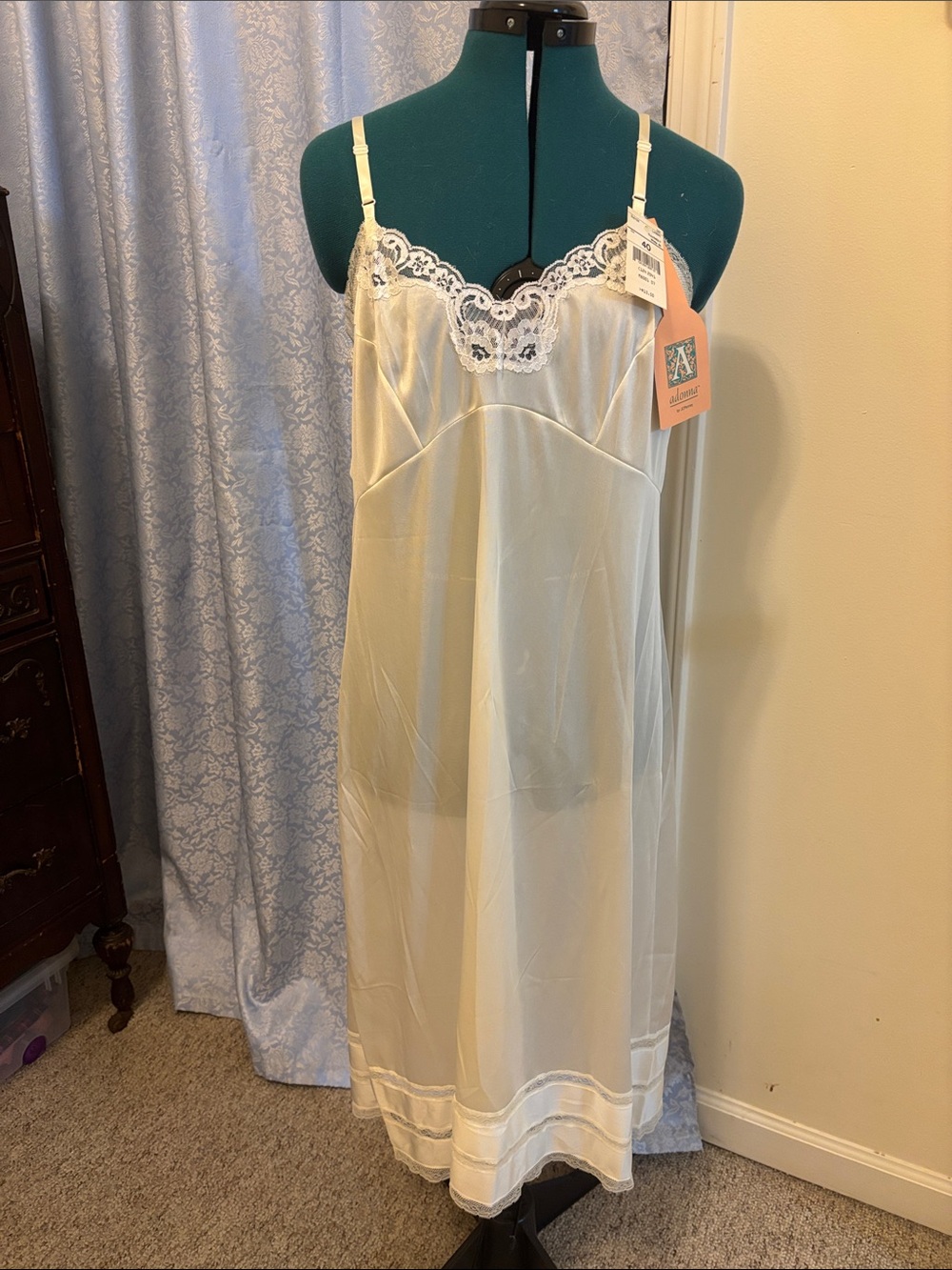 Adonna Cream Lace-Trim Long Nylon Slip